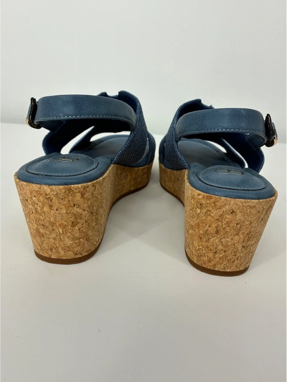 Cosy Island CorkLuxe H-Band Square Toe Blue Fabric Wedge Sandal Women's Size 7